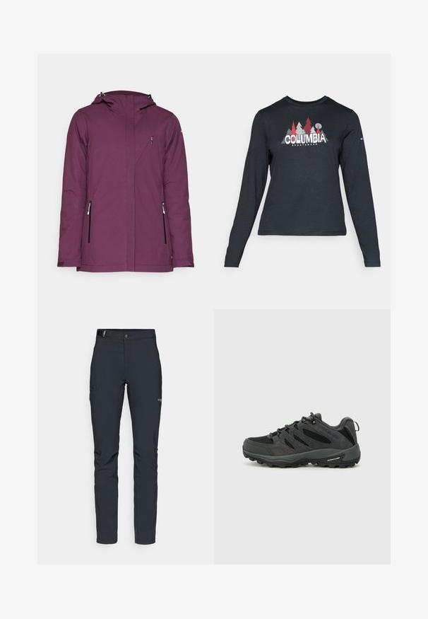 Giacca impermeabile viola con cappuccio, tasche laterali con zip e design elegante. Presenta una texture liscia e linee pulite.; Maglietta a maniche lunghe grigia scura con una grafica di alberi rossi e montagne; logo "COLUMBIA" in caratteri bianchi in grassetto. Tessuto morbido, scollatura a girocollo standard.; Pantaloni da uomo per attività all'aperto, grigio scuro, realizzati in materiale elastico, dotati di cintura, tasche con zip e cuciture rinforzate.; Columbia REDMOND - Scarpa da hiking - black/citron haze