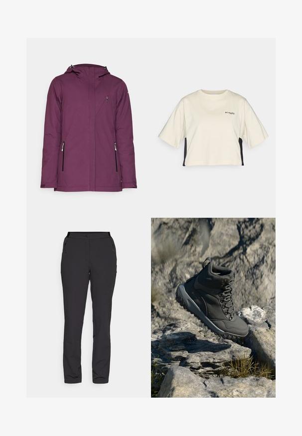 Lila wasserdichte Jacke mit Kapuze, seitlichen Reißverschlusstaschen und einem eleganten Design. Merkmale sind eine glatte Textur und klare Linien.; Cremfarbendes, kurzes T-Shirt mit Rundhalsausschnitt, kurzen Ärmeln und schwarzen Seitenpanelen; verfügt über ein kleines schwarzes Logo auf der Brust.; Schwarze Outdoor-Hosen aus leichtem Material, mit geradem Bein, Reißverschlusstaschen an den Seiten und einem verstellbaren Bund.; Dunkelgrauer Wanderschuh aus synthetischem Material, mit gepolstertem Kragen, Metallösen und strukturierten Gummisohlen für besseren Halt.