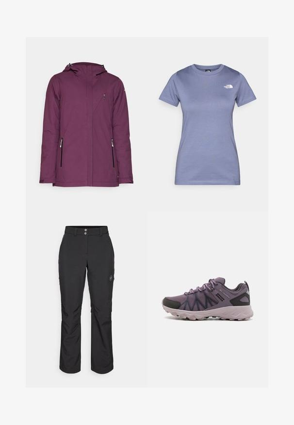 Vijolična vodoodporna jakna s kapuco, z zadrgo na stranskih žepih in elegantnim dizajnom. Ima gladko teksturo in čiste linije.; Svetlo vijoličasta majica s kratkimi rokavi iz bombaža, z okroglo ovratnico in majhnim belim logotipom na prsih. Gladka tekstura.; Črne zunanje hlače ravnega kroja, z gumbom za zapiranje, z zadrgo in stranskimi žepi ter logotipom na levi stegn.; Lahki vijolični pohodni čevlji z mrežastim zgornjim delom, črnimi detajli, oblazinjenim podplatom in grobim podplatom za oprijem.