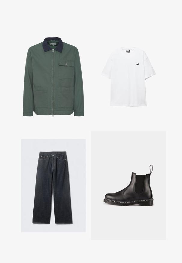 Grüne Zip-Jacke mit einem marineblauen Kragen, zwei Fronttaschen und einer Brusttasche. Hergestellt aus strukturiertem Stoff und mit minimalistischem Design.; Weißes Baumwoll-T-Shirt mit kurzen Ärmeln, rundem Ausschnitt und einem kleinen schwarzen Logo auf der Brust. Glatte Textur und lässige Passform.; Dunkelblaue, weite Jeans mit hoher Taille, ausgestattet mit Kupfernieten und Kontrastnähten, glatter Textur und ohne sichtbare Muster.; Schwarze Leder-Chelsea-Stiefel mit elastischen Seitenpaneelen, abgerundeter Zehenpartie, Ziehschlaufe, weißer Naht an der Sohle und strukturiertem Gummiaußensohle.