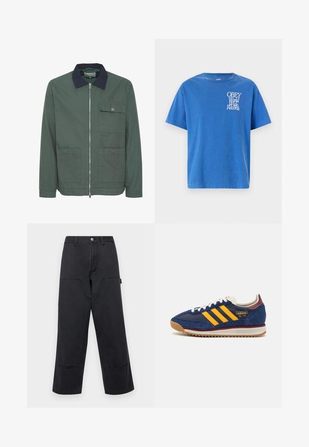 Zelena zip-up jakna z mornarsko modrim ovratnikom, dvema sprednjima žepoma in žepom na prsih. Narejena iz teksturirane tkanine, z minimalističnim dizajnom.; Modra bombažna majica s kratkimi rokavi, okroglo izrezana in z belim grafičnim napisom "OBEY World Wide Records" na levi strani prsnega dela.; Črne široke hlače iz denima z velikimi sprednjimi žepi, ravnega kroja in kontrastnim šivom. Imajo kovinski gumb za zapiranje.; Mornarsko modre suede teniske z rumenimi črtami, belimi vezalkami in burgundskimi poudarki. Teksturna podplat z utori za oprijem. Logotip blagovne znamke na strani.
