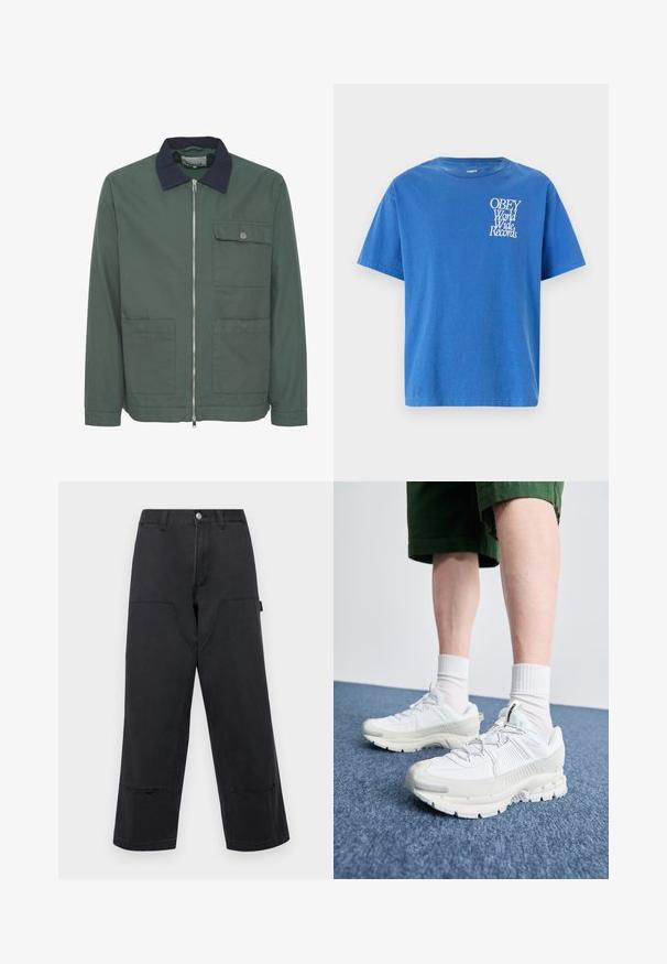 Jachetă verde cu fermoar, cu guler bleumarin, două buzunare frontale și un buzunar pe piept. Fabricată din material texturat, având un design minimalistic.; Tricou din bumbac albastru, cu mâneci scurte, decolteu rotund și text grafic alb "OBEY World Wide Records" în partea stângă a pieptului.; Pantaloni negri cu croială largă din material denim, cu buzunare frontale mari, croială dreaptă și cusături în contrast. Prezintă un sistem de închidere cu un buton metalic.; Pantofi sport albi cu suprapuneri texturate, talpă masivă și accente gri. Purtați cu șosete albe până la glezne și pantaloni scurți verzi pe o suprafață albastră.