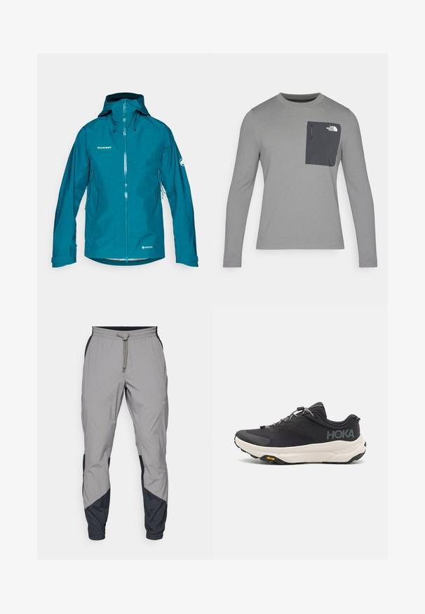 Jachetă Gore-Tex de culoare teal, cu fermoar în față, glugă ajustabilă și buzunare laterale. Prezintă un logo pe piept și pe mânecă. Textură netedă.; Cămașă gri cu mânecă lungă, dintr-un material texturat, având un buzunar pe piept de culoare gri închis și închidere cu fermoar. Logo-ul pe buzunar este alb.; Pantaloni sportivi ușori, gri, cu accente negre. Talie elastică, închidere cu șnur, design cu picior tapered și buzunare laterale.; Pantof cu design sportiv de culoare neagră, cu un material texturat, accente gri, detalii reflectorizante și o talpă groasă de culoare albă care poartă marcajul Vibram.