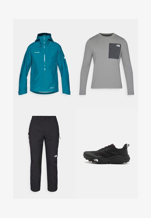Giacca Gore-Tex color turchese con chiusura a zip, cappuccio regolabile e tasche laterali. Presenta un logo sul petto e sulla manica. Tessuto liscio.; Maglietta grigia a maniche lunghe con tessuto testurizzato, dotata di una tasca sul petto grigia scura e chiusura con zip. Logo bianco sulla tasca.; The North Face WINTER EXPLORATION TAPERED CARGO - Pantaloni outdoor - black; Scarpa da trail running nera con tomaia texture, suola in gomma e punta rinforzata. Presenta un collare imbottito e un tassello per un indossamento facile.