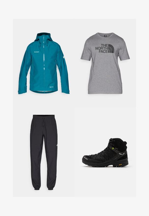 Teflonschicht Gore-Tex-Jacke in Türkis mit einem Reißverschluss vorne, verstellbare Kapuze und seitlichen Taschen. Mit einem Logo auf der Brust und dem Ärmel. Glatte Textur.; Grau Short-Sleeve T-Shirt aus Baumwollmix, mit einem schwarzen Grafikdruck von "THE NORTH FACE" und einem geschwungenen Logo-Detail auf der Vorderseite.; Schwarze Sporthosen aus leichtem Stoff, mit einem Kordelzugbund, seitlichen Taschen und schmal zulaufenden Bündchen an den Knöcheln.; Schwarzer Wanderschuh mit strukturiertem Obermaterial, verstärkter Zehenkappe und Vibram-Sohle. Das Schnürsystem enthält Haken für einen sicheren Sitz.