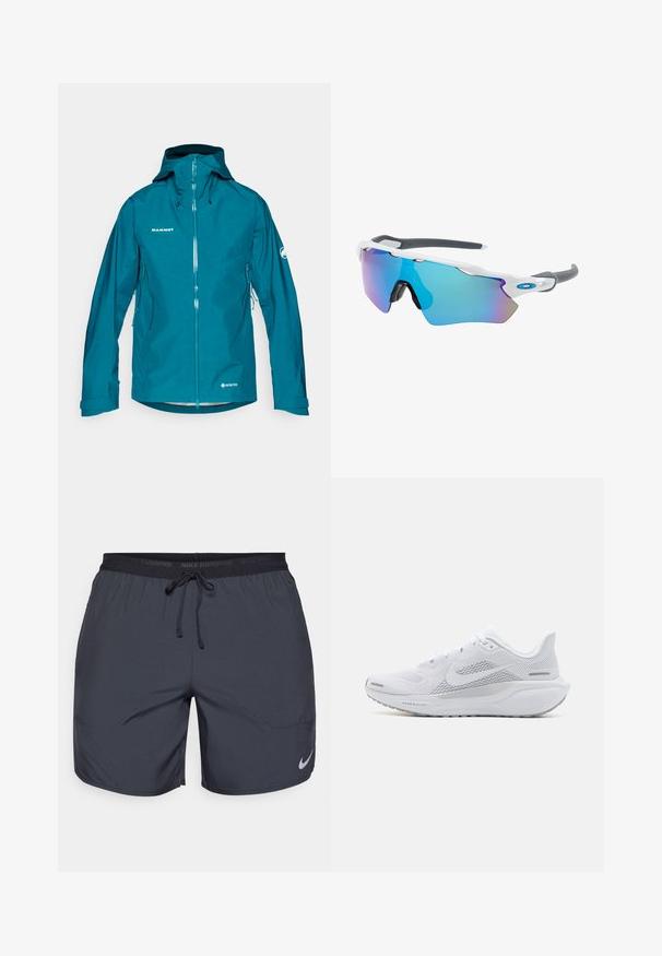 Zielona kurtka Gore-Tex z zamkiem z przodu, regulowanym kapturem i kieszeniami bocznymi. Posiada logo na klatce piersiowej i rękawie. Gładka struktura.; Biała bezrękawnik Nike do biegania z okrągłym dekoltem, gładką teksturą i czarnym logo Nike na górnej lewej części klatki piersiowej.; Krótki spodenki do biegania Nike w ciemnoszarym kolorze, z elastycznym pasem w talii i sznurkiem ściągającym oraz srebrnym akcentem logo na dolnej części prawej nogawki.; Białe buty sportowe z siateczkową cholewką, gładkimi naszywkami, szarymi akcentami, sznurówkami i amortyzowaną podeszwą zaprojektowaną z myślą o wydajności.; Okulary przeciwsłoneczne z białą oprawą, szarymi akcentami i niebieskimi lustrzanymi soczewkami. Sportowy design, kształt otaczający, z regulowanymi noskami.