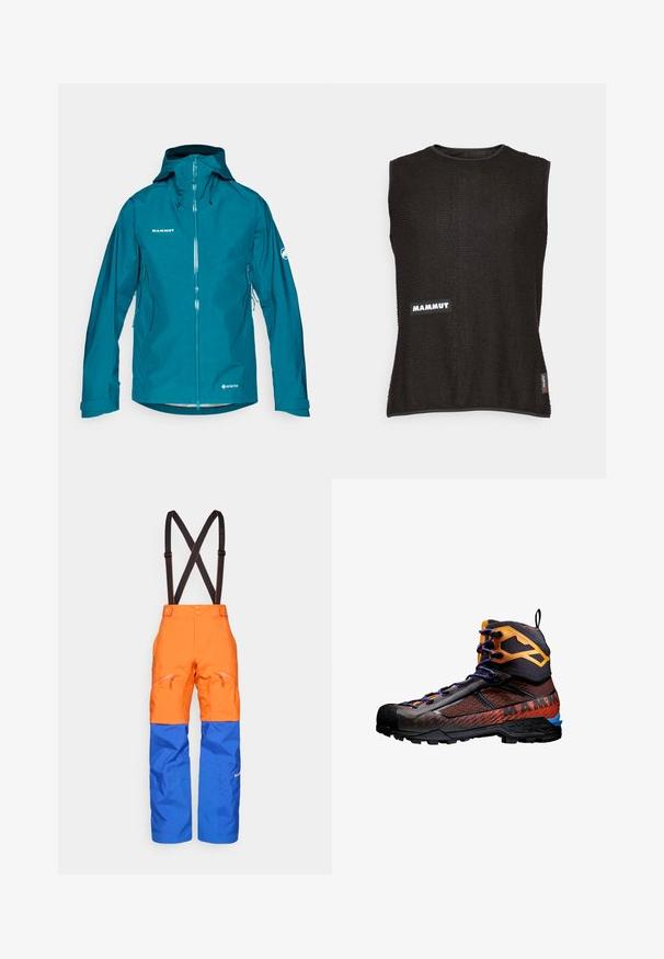 Teal Gore-Tex jack met een ritssluiting aan de voorkant, verstelbare capuchon en zijzakken. Beschikt over een logo op de borst en de mouw. Gladde textuur.; Mouwloze zwarte top van textiel met een gestructureerd materiaal, voorzien van een witte "Mammut"-logo en een klein rood accentlabel aan de zijkant, met een ronde halslijn.; Oranje en blauwe waterdichte broeken met zwarte verstelbare bretels, voorzakken met rits en verstevigde knieën voor buitenactiviteiten.; Zwarte en oranje wandelboot van mesh en rubber materialen. Beschikt over blauwe accenten, textuurpatronen en een hoge enkelontwerp voor ondersteuning.