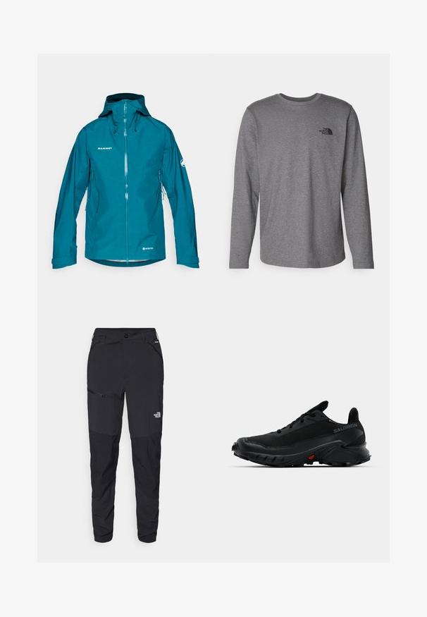 Teal Gore-Tex jack met een ritssluiting aan de voorkant, verstelbare capuchon en zijzakken. Beschikt over een logo op de borst en de mouw. Gladde textuur.; The North Face M L/S SIMPLE DOME TEE - Longsleeve - medium grey heather; Zwarte outdoorbroek met een tapered fit, gemaakt van duurzaam materiaal. Voorzien van ritszakken en subtiele branding op het voorbeen.; Zwarte sportieve schoenen met een textured bovenkant, ronde neus en een opvallende rubberen zool. Kenmerkt zich door een logo aan de zijkant en rode details op de zool.