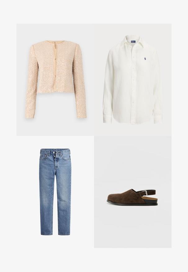 Beżowa krótka kurtka z długimi rękawami, pokryta cekinami, z okrągłym dekoltem i zapięciem na guziki z przodu. Gładkie wykończenie wewnętrzne.; Biała lniana koszula z długimi rękawami, z kołnierzykiem zapinanym na guziki oraz guzikami z przodu. Posiada małe niebieskie wyszywane logo na piersi.; Jasnoniebieskie jeansy denimowe o prostym kroju, z pięcioma kieszeniami i zapięciem na guziki. Charakteryzują się delikatnym wyblaknięciem oraz pomarańczowymi przeszyciami.; Brązowy zamszowy but wsuwany z niskim obcasem, regulowanym paskiem z srebrną klamrą i czarną gumową podeszwą.