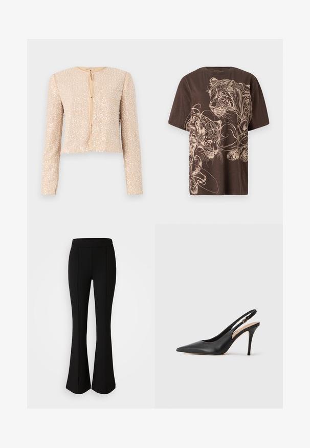 Beżowa krótka kurtka z długimi rękawami, pokryta cekinami, z okrągłym dekoltem i zapięciem na guziki z przodu. Gładkie wykończenie wewnętrzne.; Brązowy t-shirt z szczegółowym graficznym wzorem kremowego tygrysa. Krótkie rękawy, okrągły dekolt i miękka, teksturowana tkanina.; Czarne spodnie dzwony z elastycznego materiału o gładkiej strukturze, z detalami szwów z przodu dla dodatkowego stylu.; Czarny skórzany sandał na obcasie z wydłużonym noskiem, gładką fakturą i delikatnym paskiem z metalową klamrą.