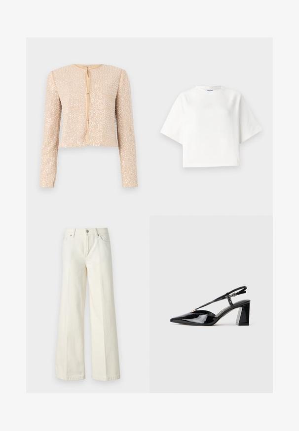 Beige cropped jakke med lange ærmer, dækket af pailletter, med rund halsudskæring og knaplukning foran. Glat indvendig foret.; Hvid oversized t-shirt med korte raglanærmer, lavet af blødt stof. Har et diskret logo på brystet og rund halsudskæring.; Videbenede hvide jeans lavet af en blanding af bomuldsstof. Har en lynlås i fronten, fem lommer og syninger langs sømmene.; Sorte laklæder slingback højhælede sko med spids tå, justerbar rem og chunky rektangulær hæl.