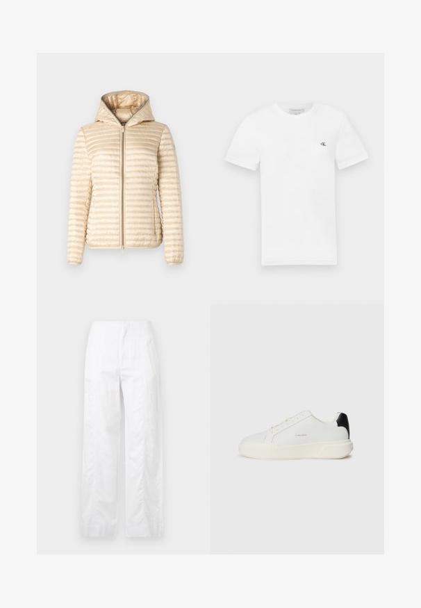 Save the duck ALEXA - Viegla jaka - shore beige; Balts kokvilnas T-krekls ar īsām piedurknēm un apaļu kakla izgriezumu. Uz kreisās krūtis ir neliels melns "ck" logo. Gluda tekstūra.; Baltas, plaša kāju bikses, izgatavotas no viegla auduma, ar gludu tekstūru, tīrām līnijām un augstu jostasvietu.; Baldais kedas ar gludu ādas augšdaļu, apaļu purngalu, auklu aizdari un kontrastējošu melnu papēža akcentu. Aprīkotas ar teksturētu gumijas zolīti.
