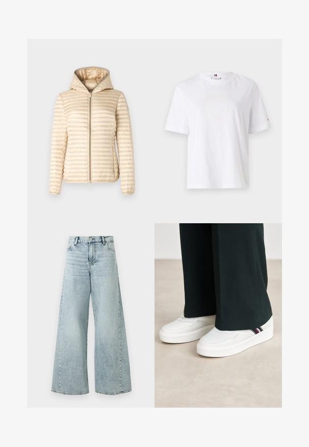 Save the duck ALEXA beżowy; Biała bawełniana koszulka z okrągłym dekoltem, krótkimi rękawami i subtelnym żółtym logo z napisem "HILFIGER NEW YORK 1985". Standardowy krój.; Jasnoniebieskie dżinsy o szerokich nogawkach z wysokim stanem, z zapięciem na guzik, pięcioma kieszeniami i postrzępionymi detailami u dołu.; Białe sneakersy o teksturowym wykończeniu, z niskim profilem, zaokrąglonym czubkiem i paskiem wzdłuż boku. W zestawieniu z ciemnymi spodniami.