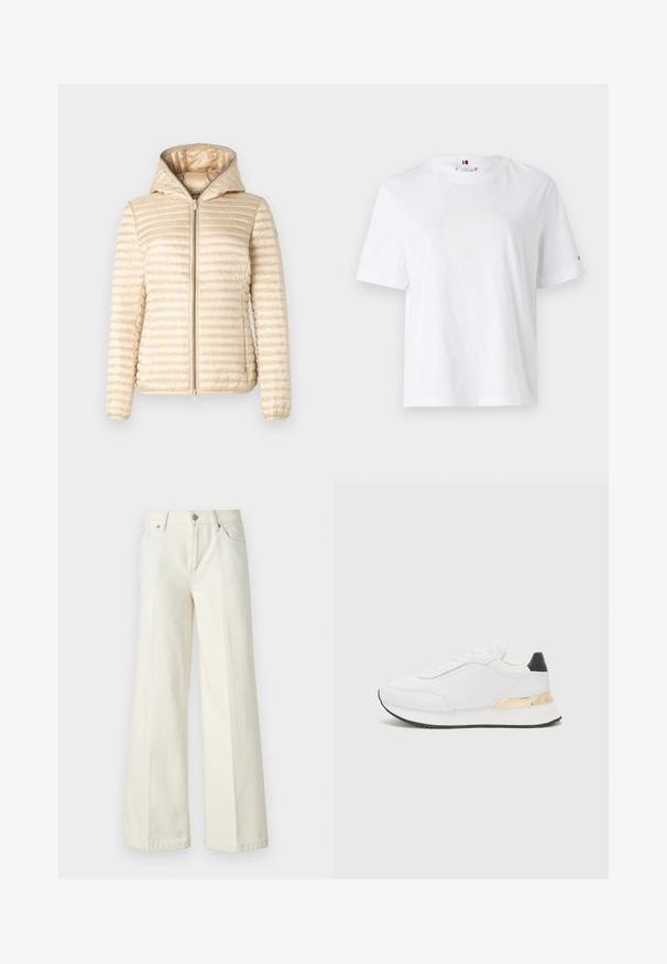 Save the duck ALEXA - Lahka jakna - shore beige; Bela bombažna majica s krojem, kratkimi rokavi in subtilnim rumenim logotipom z napisom "HILFIGER NEW YORK 1985." Standardna prileganje.; Široke bele kavbojke so narejene iz mešanice bombaža. Imajo zadrgo, pet žepov in šive vzdolž šivov.; Bela tenisa z gladko površino, ki se ponaša z črnimi detajli na peti in zlatim kovinskim dodatkom na srednjem delu podplata. S sistemom vezalk, gumijast podplat.