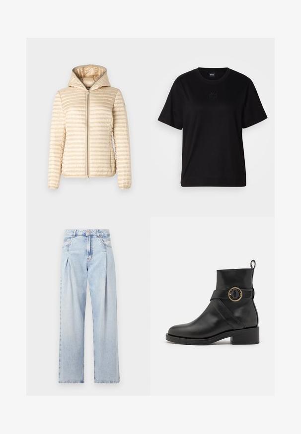 Save the duck ALEXA - Light jacket - shore beige; Black cotton t-shirt with a crew neckline, short sleeves, and an embroidered logo on the chest. Simple, relaxed fit with no patterns.; Light blue denim jeans with a high waist, wide-leg cut, two side pockets, and pleated design feature. Soft texture with a faded finish.; BOSS IRYNA BOOTIE - Platform ankle boots - black