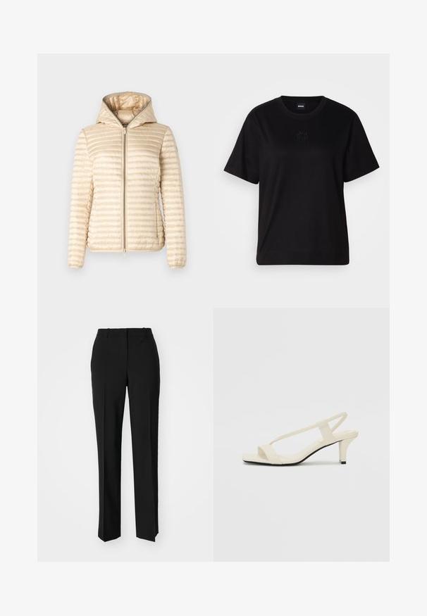 Save the duck ALEXA - Light jacket - shore beige; Black cotton t-shirt with a crew neckline, short sleeves, and an embroidered logo on the chest. Simple, relaxed fit with no patterns.; Black tailored trousers with a straight-leg design, featuring a smooth texture and crisp creases along the front. No visible hardware.; Beige block-heeled sandals with thin straps and a square toe. Smooth material with minimal detailing, designed for easy wear.