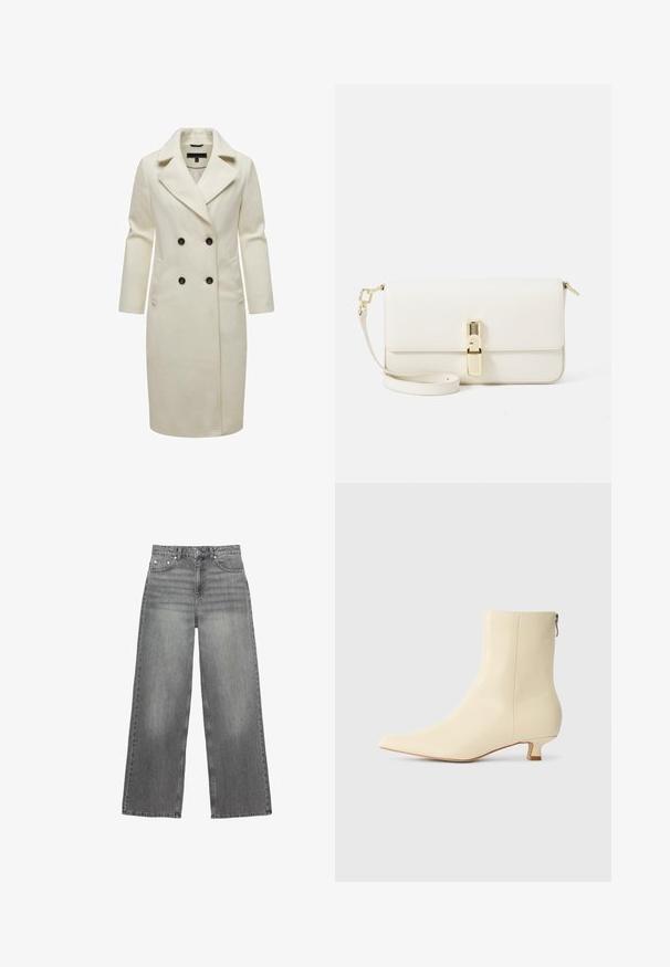 Krema boje dvostruki kaput napravljen od mekog materijala, s rever kragnom, dva prednja džepa i crnim dugmadi.; Tamnoplavi pleteni džemper s uzorkom pletenice, okruglim izrezom i rebrastim rukavima i rubom; mali izvezeni logo na prsima.; Bijela košulja dugih rukava s dugmadima, s oštrim ovratnikom i zakrivljenim rubom, prikazana na jednodavnom pozadinu.; Sive široke traperice od denima, s visokim strukom, pet džepova i suptilnim izbljeđivanjem na nogavicama.; Bote suženog vrha u krem koži s glatkom završnom obradom, s malim blok petom i bočnim patentnim zatvaračem.; Bela kožna torba preko tijela s teksturiranom površinom, pravokutnog oblika, zlatnom kopčom i odvojivim remenom.