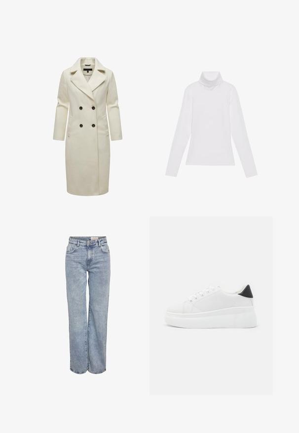 Crème-kleurige dubbele breasted jas van zachte stof, met een notch-kraag, twee voorzakken en zwarte knopen.; Witte lange mouw turtleneck top gemaakt van glad, elastisch materiaal. Voorzien van een hoge kraag en een getailleerd ontwerp, zonder zichtbare patronen of versieringen.; Lichtblauwe wijde jeans gemaakt van denim, met een hoge taille, vijf zakken en subtiele vervaging voor een versleten uitstraling.; Witte platform sneakers van glad synthetisch materiaal, met een afgeronde neus, vetersluiting en een gestructureerde rubberen zool. Zwarte hielaccent.