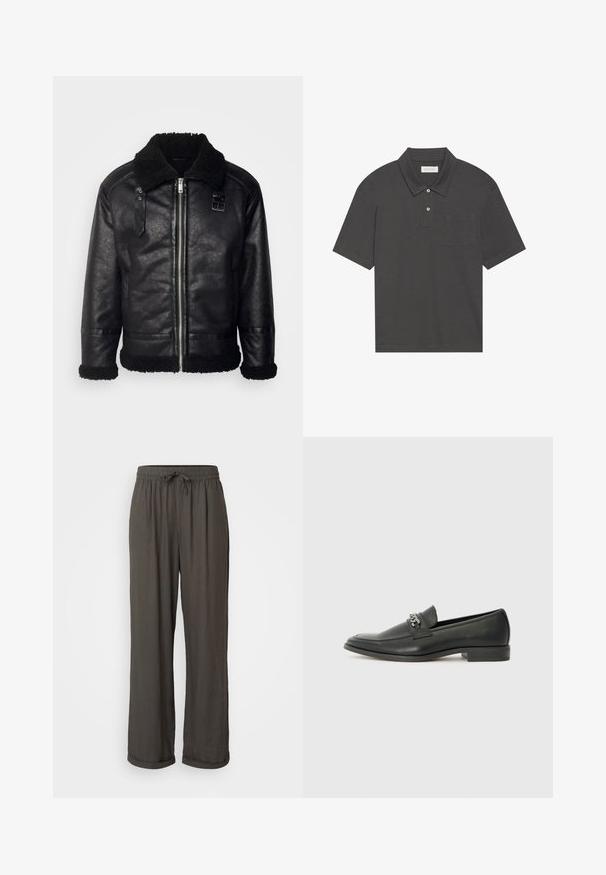 Lindbergh FAUX SHEARLING JACKET - Dirbtinės odos striukė - black; Tamsiai pilkas polo marškinėliai su tradicine apykakle, trimis sagomis, trumpomis rankovėmis ir kairiuoju krūtiniu kišeniu. Lygi audinio tekstūra.; Tamsiai pilkos plačios kelnės su virvute liemenyje, pagamintos iš minkštos, tekstūrinės medžiagos, su apsuktomis kraštinėmis ties kulkšnimis.; Juodos odinės loafer tipo bateliai su lygiu paviršiumi, turintys siuvinėtą dizainą ir dekoratyvų metalo grandinėlės akcentą ant batų viršaus. Plokščias kulnas.