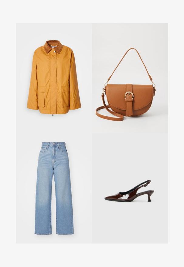 Veste légère jaune avec un col en velours côtelé marron, deux poches avant et une coupe droite. Tissu lisse avec des détails de couture minimaux.; Haut à capuche marron en tissu doux, avec une grande capuche, une poche frontale et des poignets et un ourlet côtelés. Design simple et décontracté sans motifs.; Jean large taille haute bleu clair avec bouton et fermeture éclair à l'avant, poches avant et arrière, sur fond blanc.; Chaussure slingback en cuir verni marron avec un bout pointu et un talon modéré. Elle est dotée d'une sangle à boucle pour un ajustement sécuritaire. Texture lisse.; Sac bandoulière en cuir marron avec une forme incurvée, quincaillerie dorée et un accent en boucle. Comprend une bandoulière détachable.