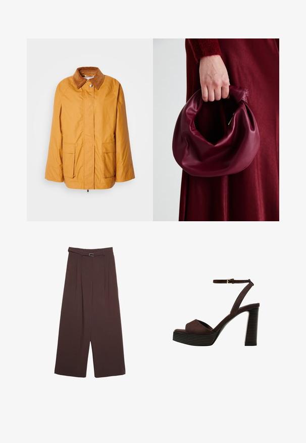 Gelbe leichte Jacke mit einem braunen Cordkragen, zwei Fronttaschen und geradem Schnitt. Glattes Material mit minimalen Nähdetails.; Dunkelbrauner Strickpullover mit Rundhalsausschnitt, überschnittenen Schultern, gerippten Bündchen und Saum, der eine weiche Textur und eine entspannte Passform aufweist.; Stradivarius WIDE-LEG WITH BUCKLE DETAIL - Stoffhose - dark brown; Braune Wildleder-Pumps mit offenem Zeh, verstellbarem Knöchelriemen und gestreiftem Plateausohlen.; Burgunderleder-Handtasche mit einem weichen, gerafften Design und einer gerundeten Form. Der Griff ist gesichert und zeigt eine glatte Textur.