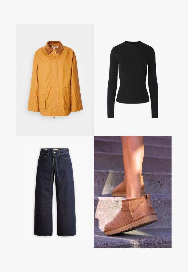 Giacca leggera gialla con colletto in corduroy marrone, due tasche frontali e taglio dritto. Tessuto liscio con dettagli di cucitura minimi.; Maglione nero a coste con maniche lunghe, scollo rotondo e silhouette aderente, caratterizzato da una texture liscia su tutta la superficie.; Jeans in denim scuro a gamba larga con vita alta, dotati di un laccio, cinque tasche e dettagli di cucitura a contrasto.; Stivali alla caviglia in suede beige con una consistenza morbida, dettagli cuciti e suola in gomma, dotati di un tacco ad anello per una facile vestibilità.