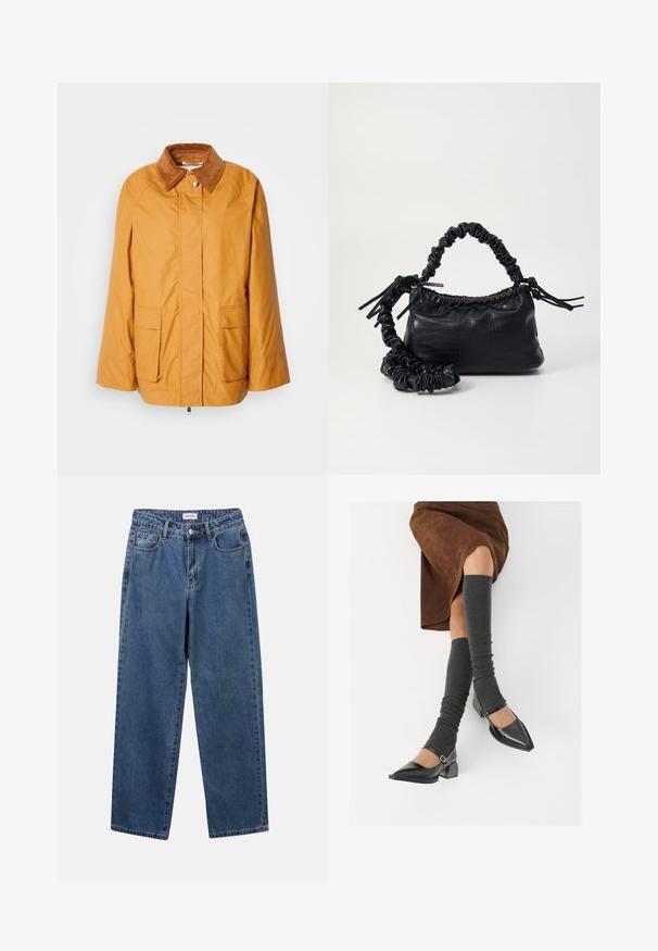 Gul lättviktsjacka med en brun kordflöjelskrage, två framfickor och rak skärning. Slät tyg med minimala sömdetaljer.; Mjuk stickad tröja med horisontella fluffiga randar i nyanser av rosa, lila och ljusgrått, med rund halsringning och långa ärmar.; Klassiska blå denimjeans med rak benform, fem fickor och knäppning. Har en medelblå tvättning och stadig textur.; Svarta lackläderskor med spetsig tå, blockklack och ankelrem, i kombination med grå ribbade benvärmare och en brun mockakjol.; Svart faux läderhandväska med krokodiltextur, snodd topp och en skrämd rem. Ser mjuk och kompakt ut i designen.