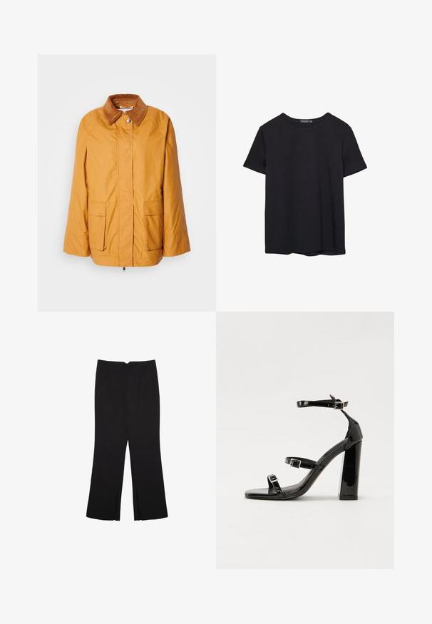 Gul letvægtsjakke med en brun kordfløjlskrage, to forlommer og lige snit. Glat stof med minimale syningsdetaljer.; Simpel sort kortærmet bomulds T-shirt med rund hals, præsenteret på en hvid baggrund.; Sorte bukser med lige pasform, der har frontlommer og slidser i kanten. Lavet af blødt, glat stof. Velegnet til forskellige anledninger.; Sorte patenterede hælsandaler med firkantet tå, ankelremme og sølvspænder. Har en chunky blokHæl for stabilitet.