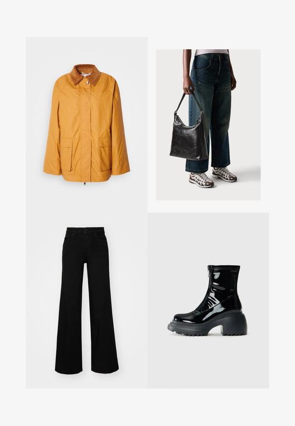 Casaco amarelo leve com colarinho de veludo cotelê castanho, duas bolsos frontais e corte reto. Tecido liso com detalhes de costura minimalistas.; T-shirt branca curta feita de algodão, com mangas curtas, um decote redondo e uma bainha reta, apresentando uma textura suave e um design minimalista.; Calças largas pretas em denim, com uma cintura estruturada, passantes para cinto e bolsos frontais. Textura suave com um design clássico.; Bota de tornozelo em plataforma preta brilhante com bico redondo, salto robusto, fecho de zíper e sola grossa e estriada em fundo branco.; Bolsa de ombro em couro preto com textura suave e alça ajustável, combinada com jeans de perna larga desbotados e ténis desportivos.