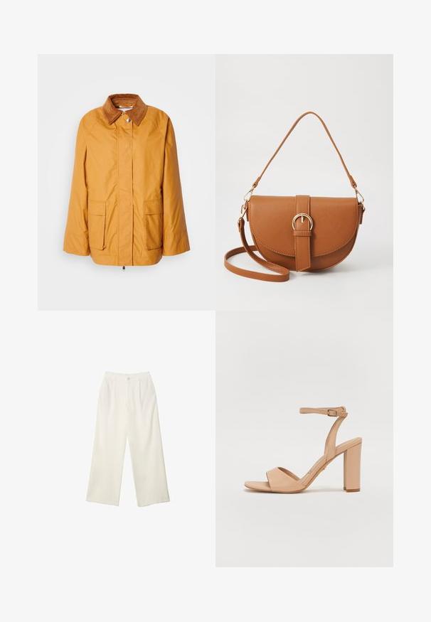 Geel lichtgewicht jas met een bruin corduroy kraag, twee voorzakken en een recht model. Glad materiaal met minimale stikdetails.; Witte lange mouwen t-shirt gemaakt van ribbelstof, met een ronde halslijn en een rechte zoom. Eenvoudig, effen ontwerp.; Brede broekspijpen in crème stof met een gladde textuur, voorzien van een enkele frontknop, subtiele plooien en een hoge taille.; Beige hoge hak sandaal met een enkelbandje, open teen, glad leren materiaal en een blokhakontwerp.; Bruine leren schoudertas met een gebogen vorm, gouden hardware en een gespaccent. Bevat een afneembare schouderriem.