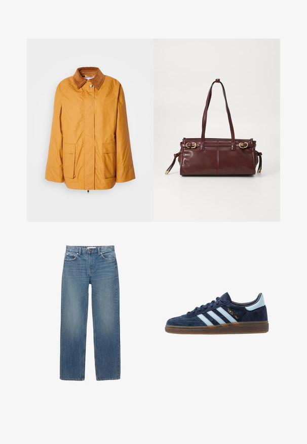 Žuta lagana jakna s smešnim okovratnikom, dva prednja džepa i ravnim krojem. Glatka tkanina s minimalnim detaljima šivanja.; Bjela dugačka majica s dugim rukavima od rebraste tkanine, koja ima okrugli dekolte i prednji dio s dugmićima s šest prozirnih dugmadi.; Svijetloplave traperice ravnog kroja, s pet džepova i hardverom u boji bakra. Tkanina ima blago izblijedjelu boju i glatku teksturu.; Tamno plave nubuk Adidas tenisice s svijetloplavim trakama, gumeni potplat, svijetloplava petna obloga i zlatni "Spezial" brendirani natpis sa strane.; Burgundska kožna torba s dva remena za rame, zlatnim hardverom i zatvaranjem na patentni zatvarač. Ima glatku teksturu i suptilne detalje šivanja.