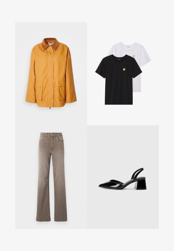 Gul lett jakke med en brun kordfløyelskrage, to frontlommer og rett snitt. Glatt stoff med minimale sømdetaljer.; Svarte og hvite T-skjorter, rund hals, korte ermer. Den svarte T-skjorten har gul brodering av en sol; den hvite har lilla halvmåne-detaljer.; Brune høy midje rette jeans med frontknapp, beltesløyfer og klassisk fem-lomme design på hvit bakgrunn.; Svarte patentlær slingback hæler med spiss tå og geometrisk blokk hæl. Har et stilrent, minimalistisk design og jevn tekstur.