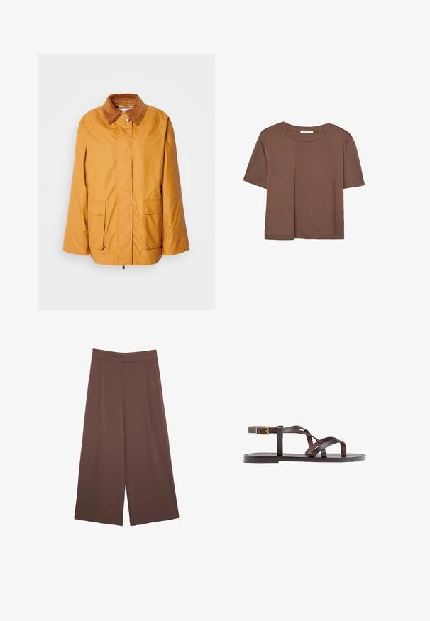 Giacca leggera gialla con colletto in corduroy marrone, due tasche frontali e taglio dritto. Tessuto liscio con dettagli di cucitura minimi.; Maglietta a maniche corte marrone realizzata in tessuto morbido, con scollatura rotonda e vestibilità rilassata. Nessun motivo o dettaglio visibile.; Pantaloni ampi marroni con una texture liscia, caratterizzati da una vita alta e pieghe frontali. Il tessuto è leggero e scorre liberamente.; Sandal in pelle marrone con cinturini incrociati, chiusura con cinturino alla caviglia e suola piatta con dettagli di cucitura minimi.