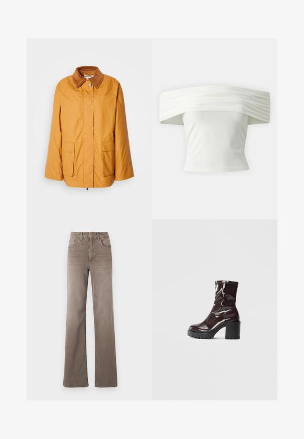 Keltainen kevyt takki, jossa on ruskea corduroy-kaarroke, kaksi etutaskua ja suora leikkaus. Sileä kangas, jossa on minimaalista ompelutyötä.; Valkoinen olkaimeton toppi, jossa on laskostettu, rakenteellinen kaula-aukko ja tiukka vartalo. Valmistettu pehmeästä kankaasta, jossa on sileä pinta.; Kuhun ruskeat korkeavyötäröiset suorat farkut etuvipusella, vyölenkeillä ja klassisella viiden taskun muotoilulla valkoista taustaa vasten.; Satea bordeaux berwarna mengkilap dengan tumit hitam tebal, menampilkan tekstur halus dan desain sederhana. Tanpa pengikat atau pola yang terlihat.