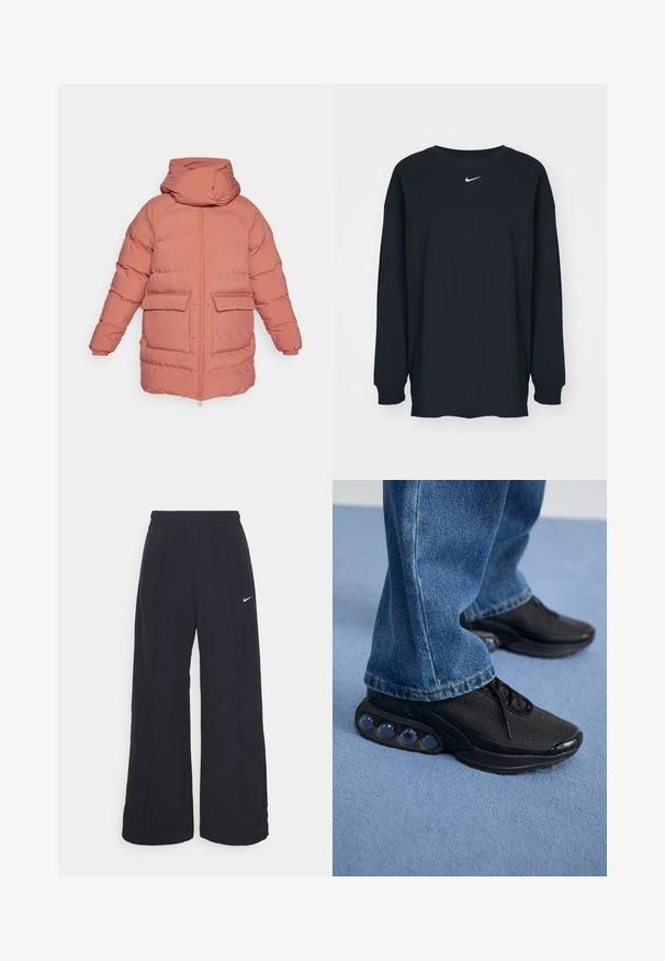 Pěnová bunda v jemné korálové barvě s vysokým límcem, předním zipem a dvěma velkými kapsami. Má elastické manžety a volný střih.; Černé tričko s dlouhým rukávem vyrobené z bavlny s kulatým výstřihem. Na hrudi se nachází bílé logo Nike. Měkká textura, jednoduchý design.; Černé kalhoty s širokými nohavicemi, elastickým pasem a malým bílým logem Nike. Tkanina má hladkou strukturu, navrženou pro pohodlí a každodenní nošení.; Černé sportovní tenisky s síťovaným svrškem, texturovanými akcenty a viditelnými vzduchovými polštářky v podešvi. Nosené s modrými denimovými džíny.