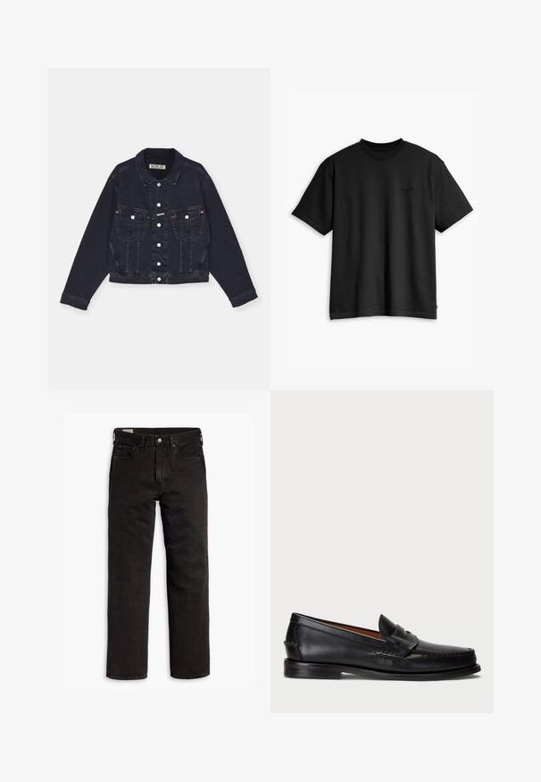Chaqueta de mezclilla negra con cuello clásico, cierre frontal de botones, dos bolsillos en el pecho y sutiles detalles de costura. Diseño cropped, mangas largas.; Camiseta de algodón negra con cuello redondo y mangas cortas. Presenta un sutil logotipo en la parte delantera y un dobladillo recto. Diseño simple y minimalista.; Vaqueros de mezclilla negros de pierna recta con cinco bolsillos, cierre de botón y trabillas para cinturón, dispuestos sobre un fondo blanco.; Mocasin de cuero negro con punta redondeada, detalles de costura y una correa decorativa en la parte frontal. Suela plana con un perfil minimalista.