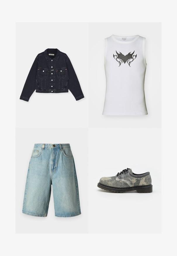 Melna denima jaka ar klasisku apkakli, priekšējo pogu aizdari, divām krūšu kabatām un diskrētām šuvēm. Saīsināta forma, garas piedurknes.; Balta bez piedurknēm topa dizains, kas izgatavots no kokvilnas, ar melnu cilšu sirds zīmējumu centrā. Ietver apaļu kakla izgriezumu un ribotu tekstūru.; Gaizilti zila džinsu šorti ar brīvu piegriezumu, kas satur priekšējos kabatas, pogu aizdari un izbalējušu krāsu ar smalkām iznēsājuma detaļām.; Kurpes ar auklēm, kas izgatavotas no teksturēta pelēka auduma ar melniem akcentiem, bieza gumijas zole un baltas šuvju detaļas. Apaļas pirkstu formas dizains.
