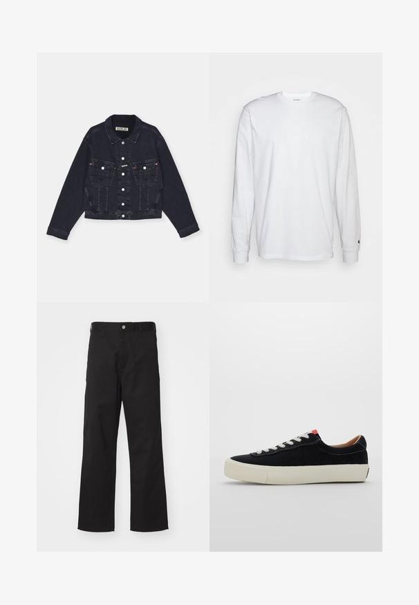 Czarna kurtka dżinsowa z klasycznym kołnierzem, zapięciem na guziki z przodu, dwoma kieszeniami na piersi oraz subtelnymi detalami szycia. Krótki krój, długie rękawy.; Biała, długospełna koszulka wykonana z bawełny. Klasyczny krój z okrągłym dekoltem, ściągaczami na rękawach oraz małym logiem na lewym rękawie. Gładka tekstura.; Czarne spodnie wykonane z trwałego materiału o prostym kroju, z zapięciem na guziki z przodu, szlufkami na pasek i bez widocznych wzorów czy akcentów.; Czarne sneakersy z materiału, z białymi sznurowadłami, beżową gumową podeszwą i czerwonym akcentem na pięcie. Okrągły czubek i minimalne detale przeszyć.