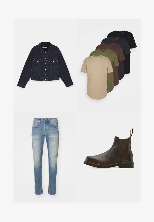 Čierna džínová bunda s klasickým golierom, predným zapínaním na gombíky, dvoma náprsními vreckami a jemnými švíkmi. Skračený strih, dlhé rukávy.; Päť tričiek usporiadaných v gradientných farbách: béžová, olivová, hnedá, tmavomodrá a čierna. Vyrobené z mäkkej bavlny s krátkymi rukávmi a okrúhlym výstrihom.; Svetlomodré denimové džínsy s vyblednutým povrchom, jemné opotrebenie na kolenách, rovný strih, päťvreckový dizajn a kovové zapínanie.; Hnedé kožené Chelsea topánky s elastickými bočnými panelmi, textúrovaným podpätkom a kontrastným žltým prešívaním. Obsahujú pútko pre jednoduché obúvanie.