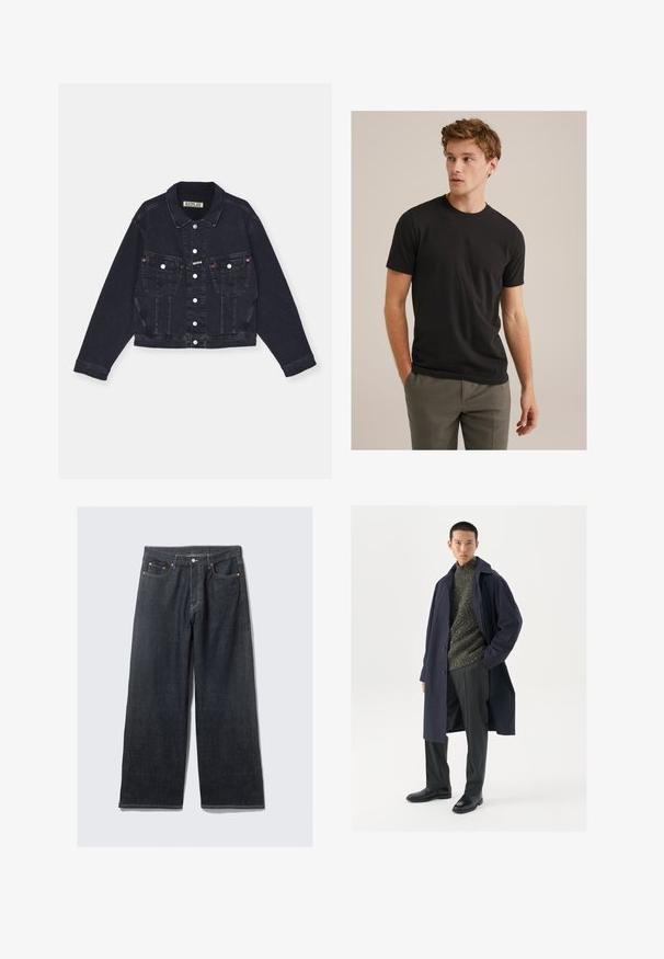 Juodas džinsinis švarkas su klasikiniais apykaklėmis, priekiniu mygtukų užsegimu, dviem krūtinės kišenėmis ir subtiliomis siuvimo detalėmis. Trumpas dizainas, ilgomis rankovėmis.; Jaunas vyras su šviesiai ruda garbanota šukuosena, vilkintis juodą marškinėlį trumpomis rankovėmis ir pilkas kelnes, žiūri į kairę, laikydamas rankas kišenėse.; Tamsiai mėlynos plačių kojų džinsai su aukštu liemeniu, su kontrastingais oranžiniais siūlais, penkiomis kišenėmis ir priekiniais užsegimais.; Jūrinis paltas su mygtukų uždarymu, žalias tekstūruotas džemperis, juodos kelnės ir juodi odiniai batai. Lygi medžiaga su struktūruota siluetu.