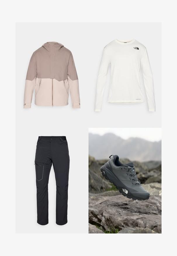 Leichte, zweifarbige Jacke mit einem weichen beigen Körper und dunkleren taupefarbenen Ärmeln. Verfügt über eine Kapuze, einen Frontreißverschluss und verstellbare Bündchen.; Weißes Langarmhemd mit Rundhalsausschnitt, strukturierter Stoff, schwarzes Logo auf der linken Schulter und dezente Markenkennzeichnung am unteren Rand.; Schwarze Outdoor-Hosen mit einem Reißverschlusstaschen an den Oberschenkeln, elastischem Bund und glattem, wasserabweisendem Stoff. Sauberes Design ohne sichtbare Logos.; Grau Trailrunning-Schuh mit einer strukturierten Oberseite, haltbarer Gummisohle und verstärkter Zehenkappe. Verfügt über Schnürsenkel und ein Markenlogo an der Seite.