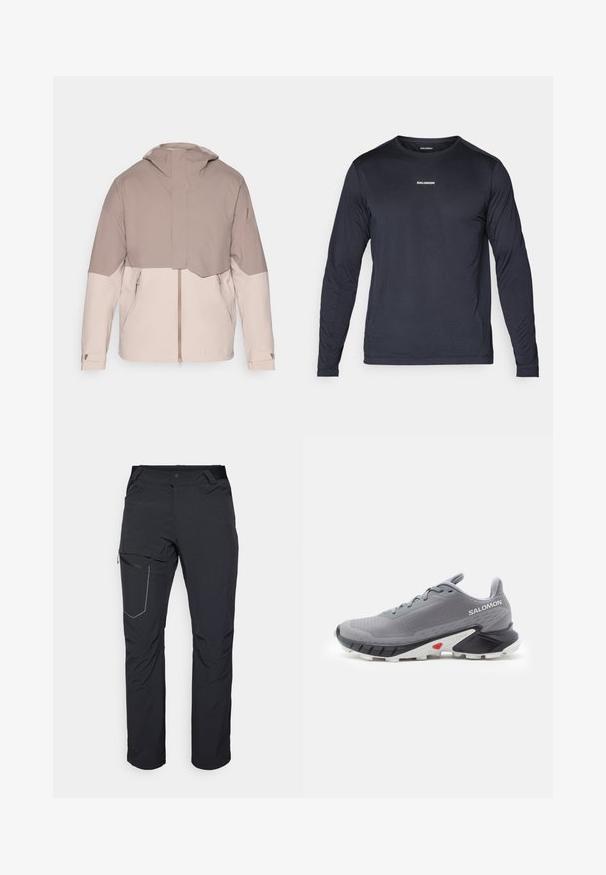 Chaqueta ligera bicolor con un cuerpo beige suave y mangas de un tono topo más oscuro. Cuenta con una capucha, cremallera frontal y puños ajustables.; Camisa deportiva de manga larga en azul marino, hecha de un tejido ligero y transpirable con un acabado texturizado y un pequeño logo blanco en el pecho.; Pantalones exteriores negros con un bolsillo en el muslo con cremallera, cintura elástica y tejido liso y resistente al agua. Diseño limpio sin logotipos visibles.; Zapatillas deportivas grises con parte superior de malla texturizada, suela de goma negra y blanca, y un acento rojo cerca del talón. Cuentan con cordones y un diseño que proporciona soporte.