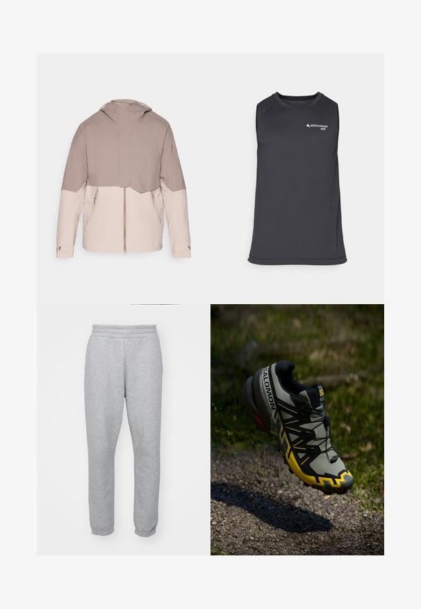 Ľahká dvojfarebná bunda so svetlo béžovým telom a tmavšími taupe rukávmi. Obsahuje kapucňu, predný zips a nastaviteľné manžety.; Bezrukávový tmavosivý športový tielko vyrobené z textúrovanej látky, s okrúhlym výstrihom a malou logom na prednej strane.; Šedé tepláky vyrobené z jemné látky, s elastickým pásom a priliehavými manžetami pre štíhly tvar. Bez viditeľných vreciek.; Trailová bežecká obuv Salomon v tlmenej sivej farbe s jasne žltými akcentmi. Obsahuje textúrovanú podrážku, bezpečný systém šnurovania a polstrovaný golier.