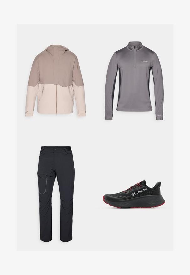 Lightweight, two-tone jacket with a soft beige body and darker taupe sleeves. Features a hood, front zipper, and adjustable cuffs.; Gray long-sleeve pullover with half zip, textured fabric, contrasting black side panels, and small logo on the chest.; Black outdoor pants featuring a zippered thigh pocket, elastic waistband, and smooth, water-resistant fabric. Clean design with no visible logos.; Black athletic shoe with textured upper, red laces, and logo. Thick sole with patterned tread for traction. Minimalist design, side view.