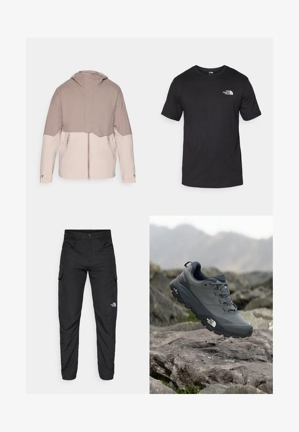 Lekka, dwukolorowa kurtka z miękkim beżowym korpusem i ciemniejszym taupowy rękawami. Posiada kaptur, zamek błyskawiczny z przodu oraz regulowane mankiety.; Czarna koszulka z krótkim rękawem wykonana z bawełny, z okrągłym dekoltem i małym białym logo na górnej lewej części klatki piersiowej.; The North Face HORIZON czarny; Szare buty do biegania w terenie z teksturową cholewką, trwałą gumową podeszwą i wzmocnionym noskiem. Posiadają sznurowadła oraz logo marki z boku.