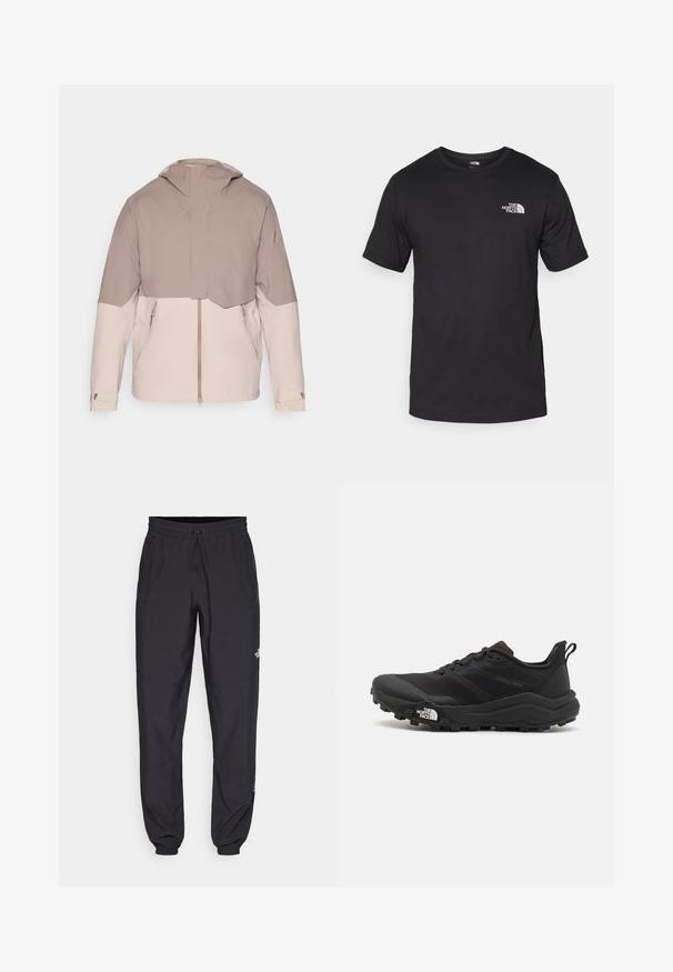 Lagani, dvobojni jakna s mekim bež tijelom i tamnijim taupe rukavima. Ima kapuljaču, prednji zatvarač i podesive manžete.; Crna majica kratkih rukava od pamuka, s okruglim izrezom i malim bijelim logotipom na gornjem lijevom dijelu prsnog koša.; Crne sportske hlače od lagane tkanine, s pojasom na vezanje, bočnim džepovima i suženim manžetama na gležnjevima.; Crne trail trkačke cipele s teksturiranim gornjim dijelom, gumeni potplat i ojačana zaštita za prste. Imaju podstavljen ovratnik i trakicu za lakše obuvanje.