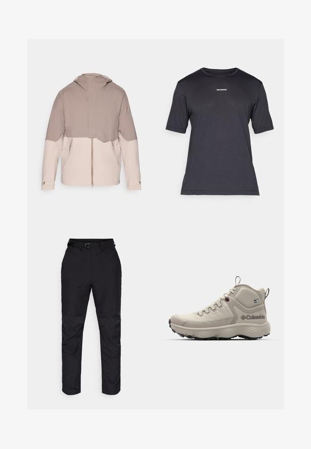 Giacca leggera bicolore con corpo beige chiaro e maniche grigio taupe più scure. Presenta un cappuccio, una cerniera frontale e polsini regolabili.; Maglietta performance nera a maniche corte realizzata in tessuto traspirante, con colletto a girocollo e piccolo logo bianco "SALOMON" sul petto.; Pantaloni neri realizzati in tessuto resistente con un taglio dritto. Include una vita con cintura e dettagli testurizzati sulla parte inferiore delle gambe.; Columbia ESCAPE THRIVE TITANIUM MID - Scarpa da hiking - cloud grey/deep madeira