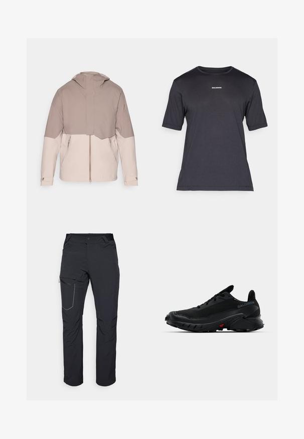 Veste légère bicolore avec un corps beige doux et des manches taupe plus foncées. Comprend une capuche, une fermeture éclair avant et des poignets ajustables.; T-shirt de performance noir à manches courtes en tissu respirant, avec un col rond et un petit logo "SALOMON" blanc sur la poitrine.; Pantalon d'extérieur noir avec poche sur la cuisse zippée, taille élastique et tissu lisse, résistant à l'eau. Design épuré sans logos visibles.; Baskets de sport noires avec un dessus texturé, un bout arrondi et une semelle en caoutchouc proéminente. Présente un logo sur le côté et des détails rouges sur la semelle.