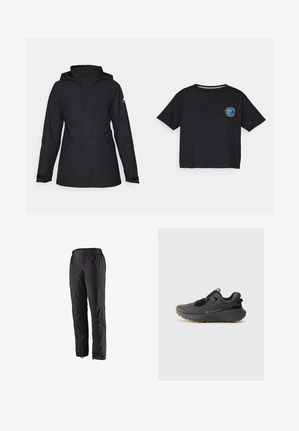 Burton JET RIDGE - Snieglenčių striukė - true black; Juodas medvilnės trumpomis rankovėmis marškinėliai su apvaliu multicolor logotipu ant krūtinės. Tiesus apvadas ir laisvas pritaikymas.; Juodi vandeniui atsparūs kelnių su elastine juosta, šoninėmis užtrauktuku užsegamomis kišenėmis, siaurėjančiomis kojomis ir glotnia tekstūra. Tinka lauko veikloms.; Columbia TERRASTRIDE CRZ - Turistiniai batai - shark/black