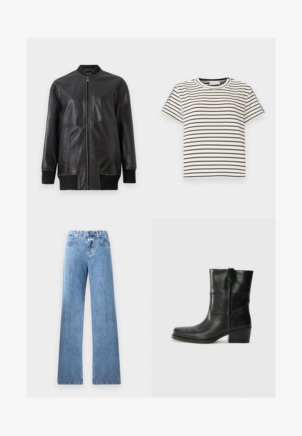 Must must-hõlmikjakk, millel on ees lukuga tõmblukk, sooneline krae, pikad varrukad ja kaks küljetaskut; sile tekstuur nähtavate õmblusdetailidega.; Puuvillane lühikeste varrukatega T-särk, ümarate kaelustega, millel on mustad vertikaalsed triibud valgel taustal ja sirge lõige.; Heledad denim-jedid, millel on lai jalg, viis taskut, vööloopid ning nupuga sulgemine. Kangas on sileda tekstuuriga.; Musta nahast pahkluu saabas ümarate varvastega, plokknäppu, külgsepa ja pealsetel õmblusest aktsentidega. Sile tekstuur, klassikaline disain.
